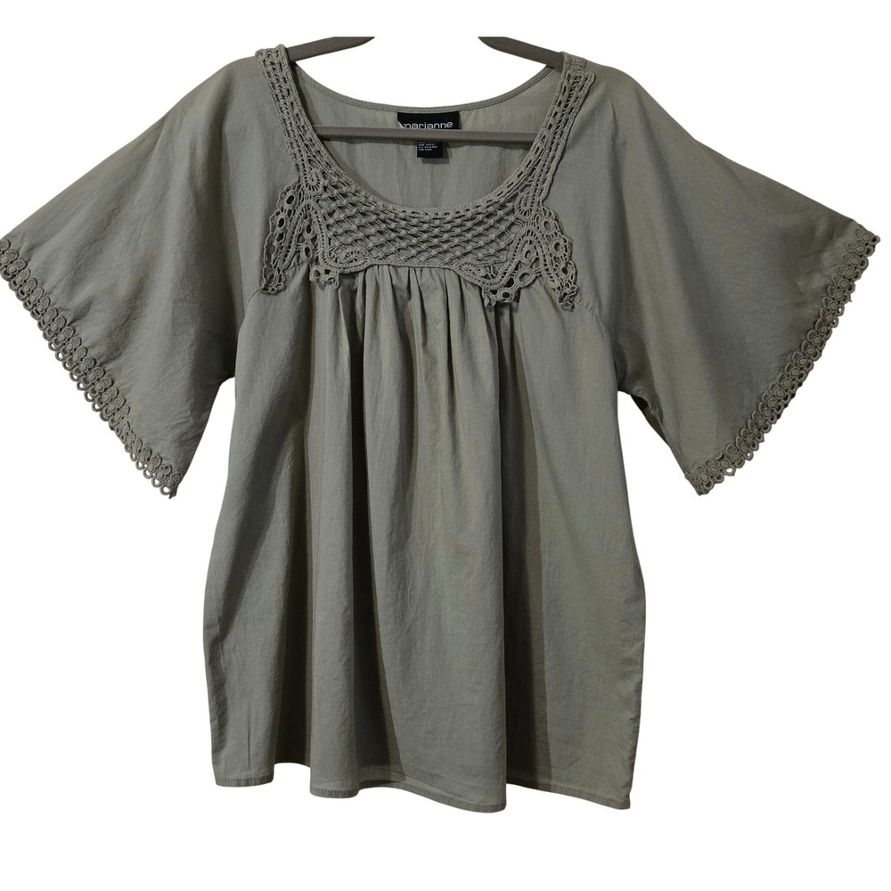 Boho Gypsy Marianne Sage Green Cotton Crochet Lace Flutter Sleeve Blouse XL